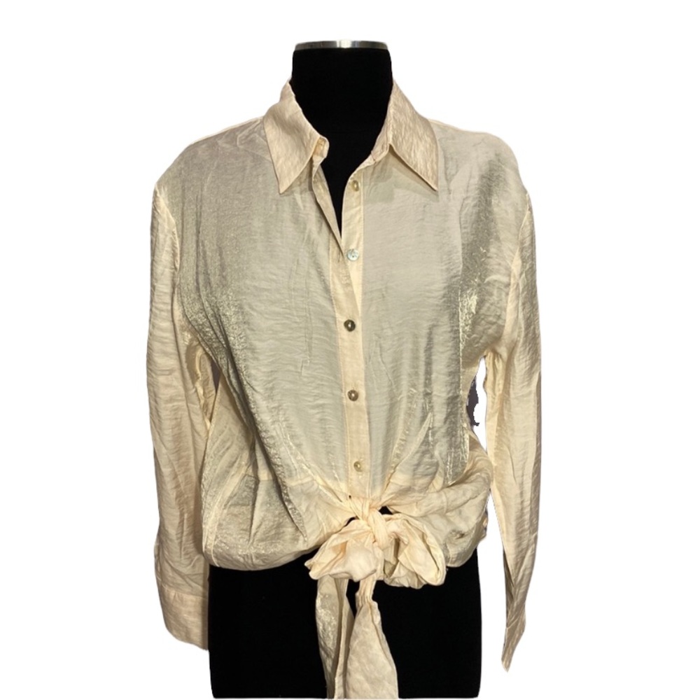 g.p.d. Cream Tie Blouse Crinkle Silky Top Slouchy Fit NWT